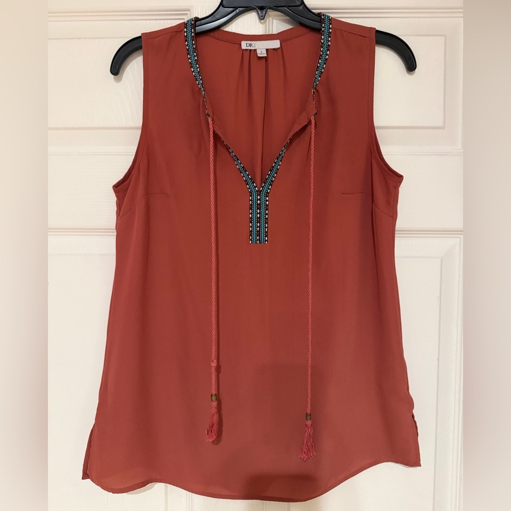 DR2 Sleeveless Terracotta Blouse with Embellished Trim